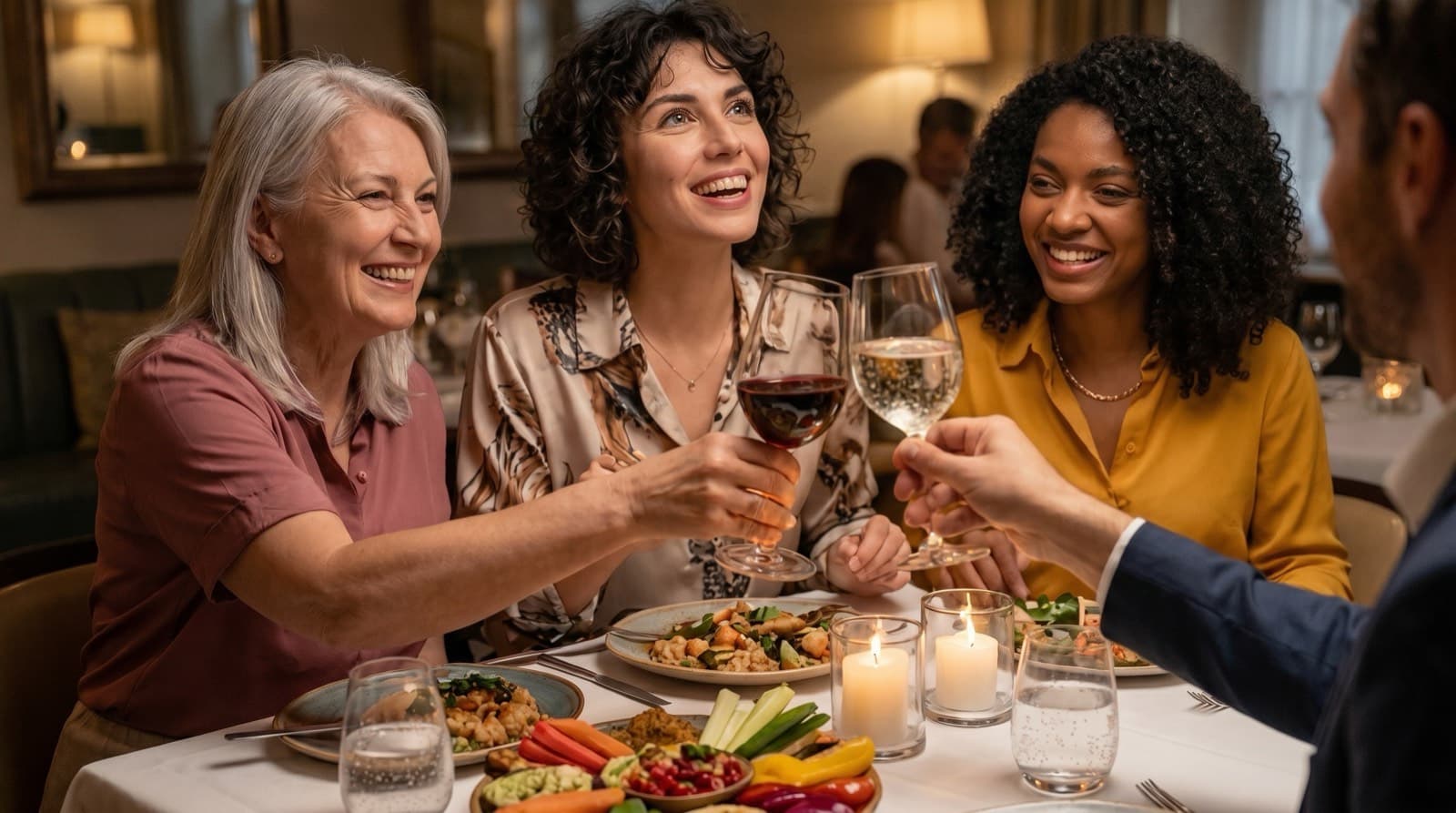 Gruppe von Freunden teilt am Tisch eine gesunde Mahlzeit und lacht zusammen