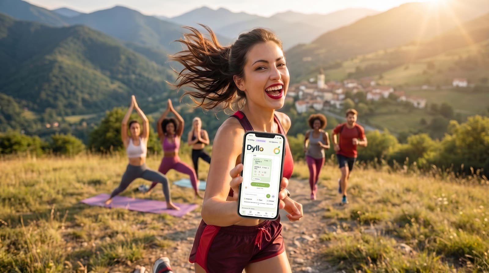 Lächelnde Person spricht ins Smartphone-Mikrofon, um eine Mahlzeit zu erfassen