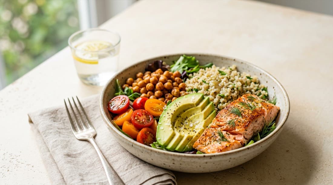 Eine Quinoa-Lachs-Bowl, fotografiert mit der dyllo App