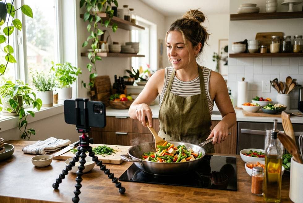 Food creator filming a healthy recipe in the kitchen