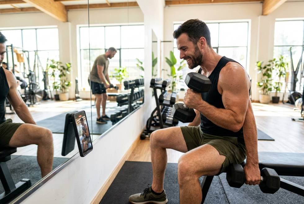 Fitness creator recording a workout at the gym