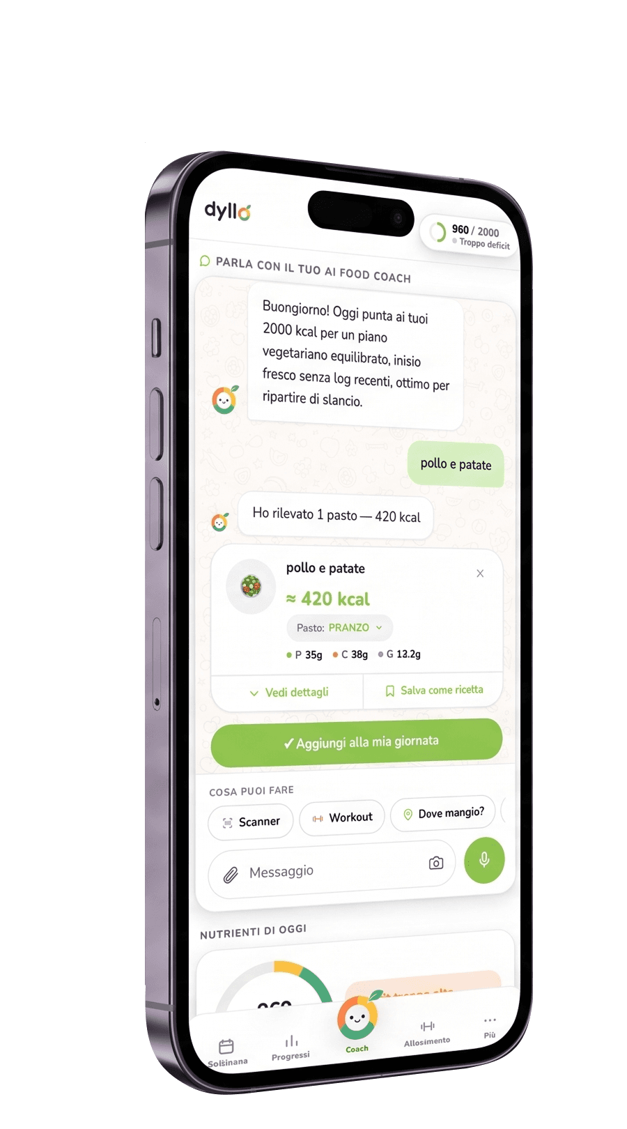 L'app dyllo: il coach AI riconosce «pollo e patate» e lo traccia