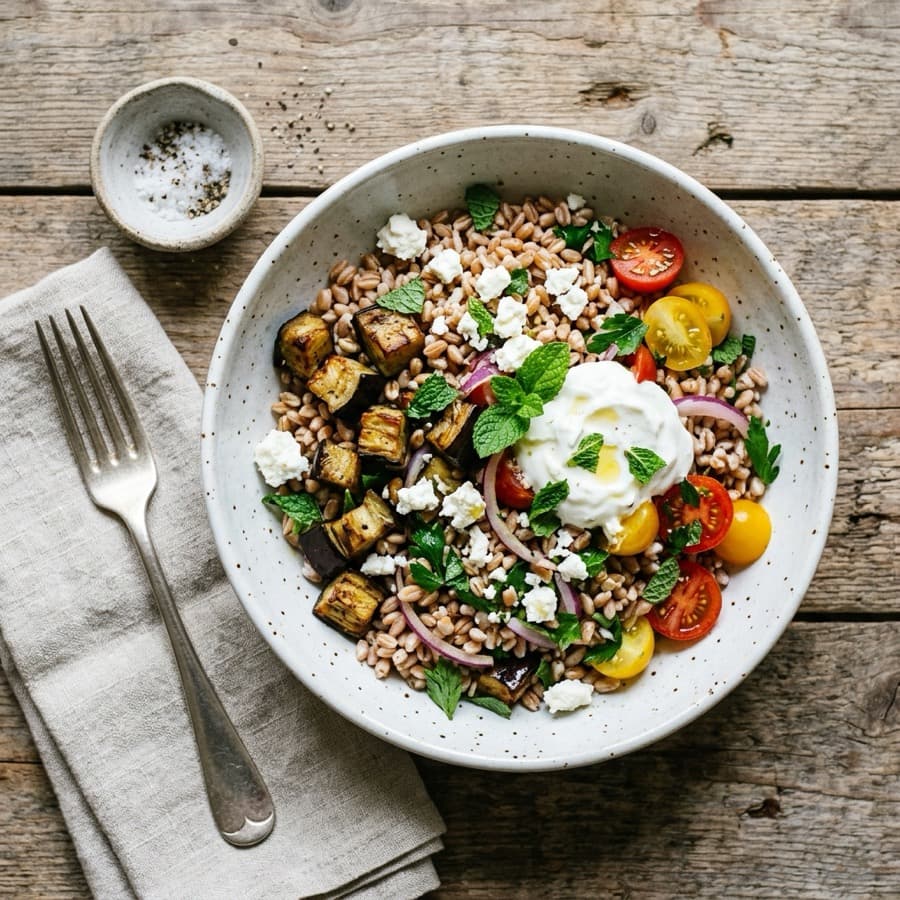 Farro Bowl with Feta and Roasted Eggplant