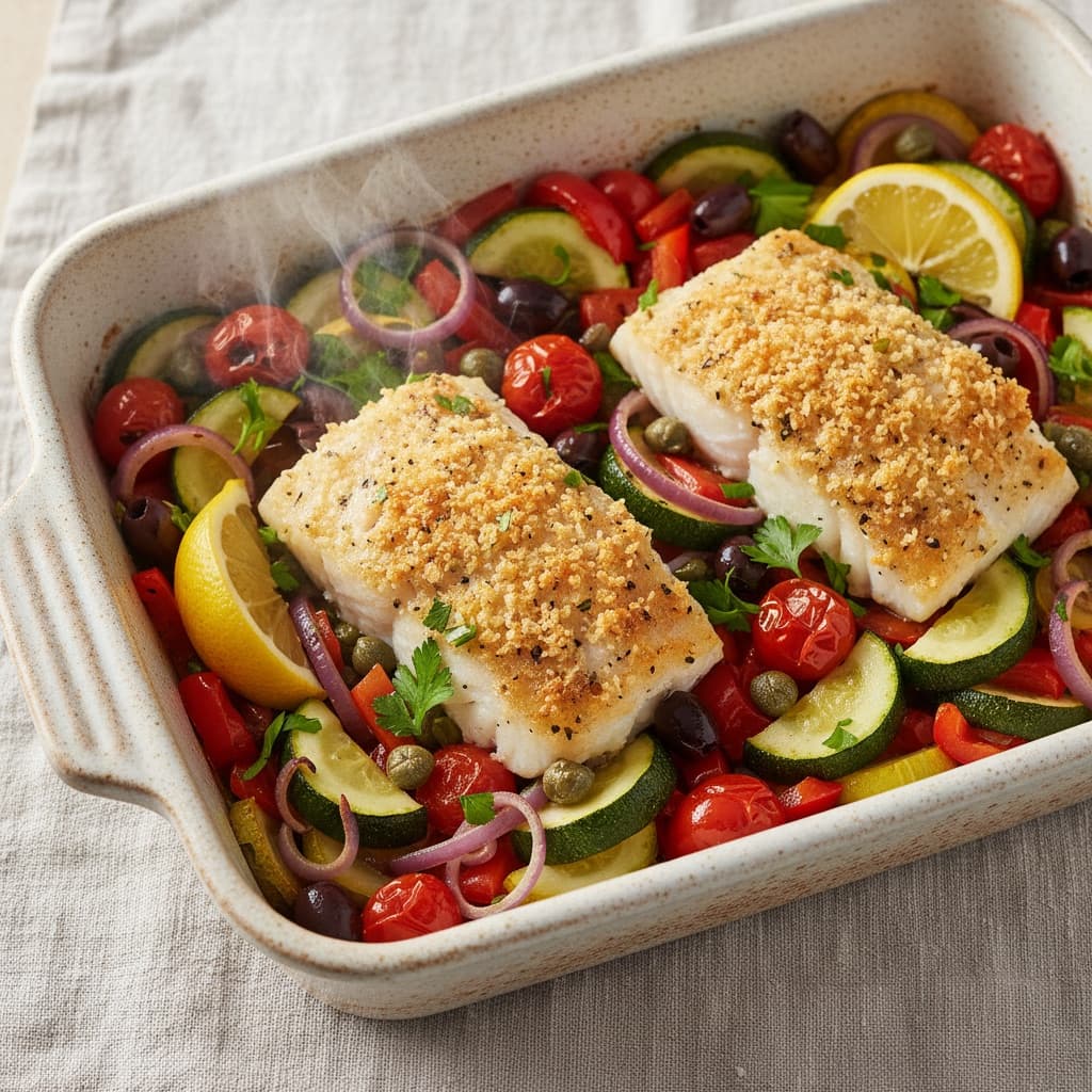 Baked Cod with Mediterranean Vegetables