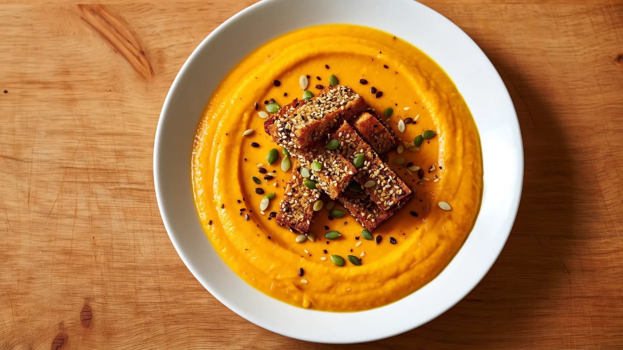 Creamy Pumpkin and Carrot Soup with Turmeric and Seeded Croutons