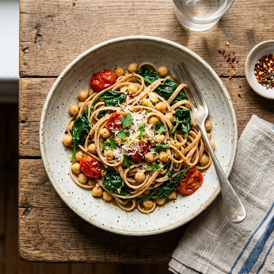 Whole Wheat Pasta with Chickpeas and Spinach